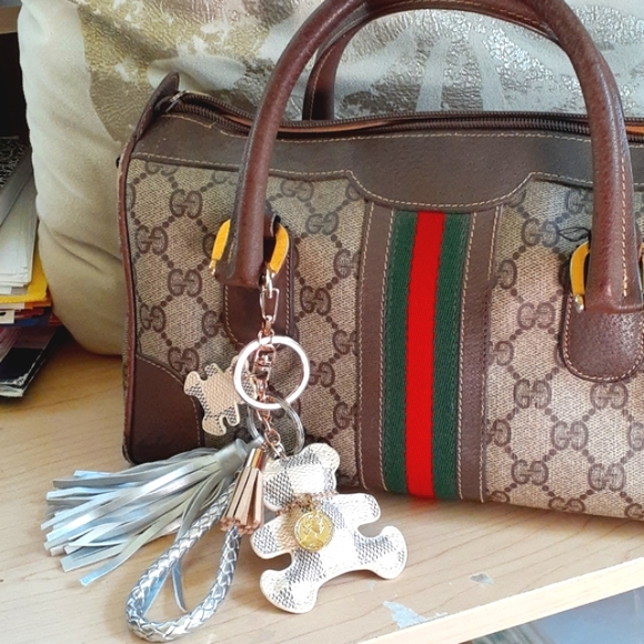 Bag Charm Keychain TEDDY BEAR Damier Azur Handmade with Charms & Tassel - Picture 10 of 11